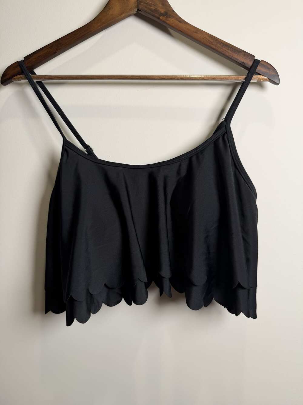 Black Adjustable-Strap Layered Scalloped-Hem Dress, Size OXL